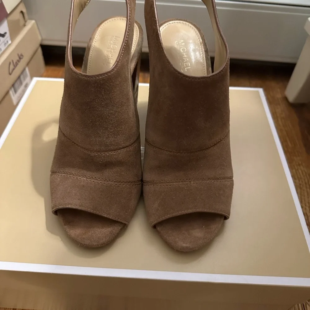 Michael Kora Tan Suede Mules with Block Heel